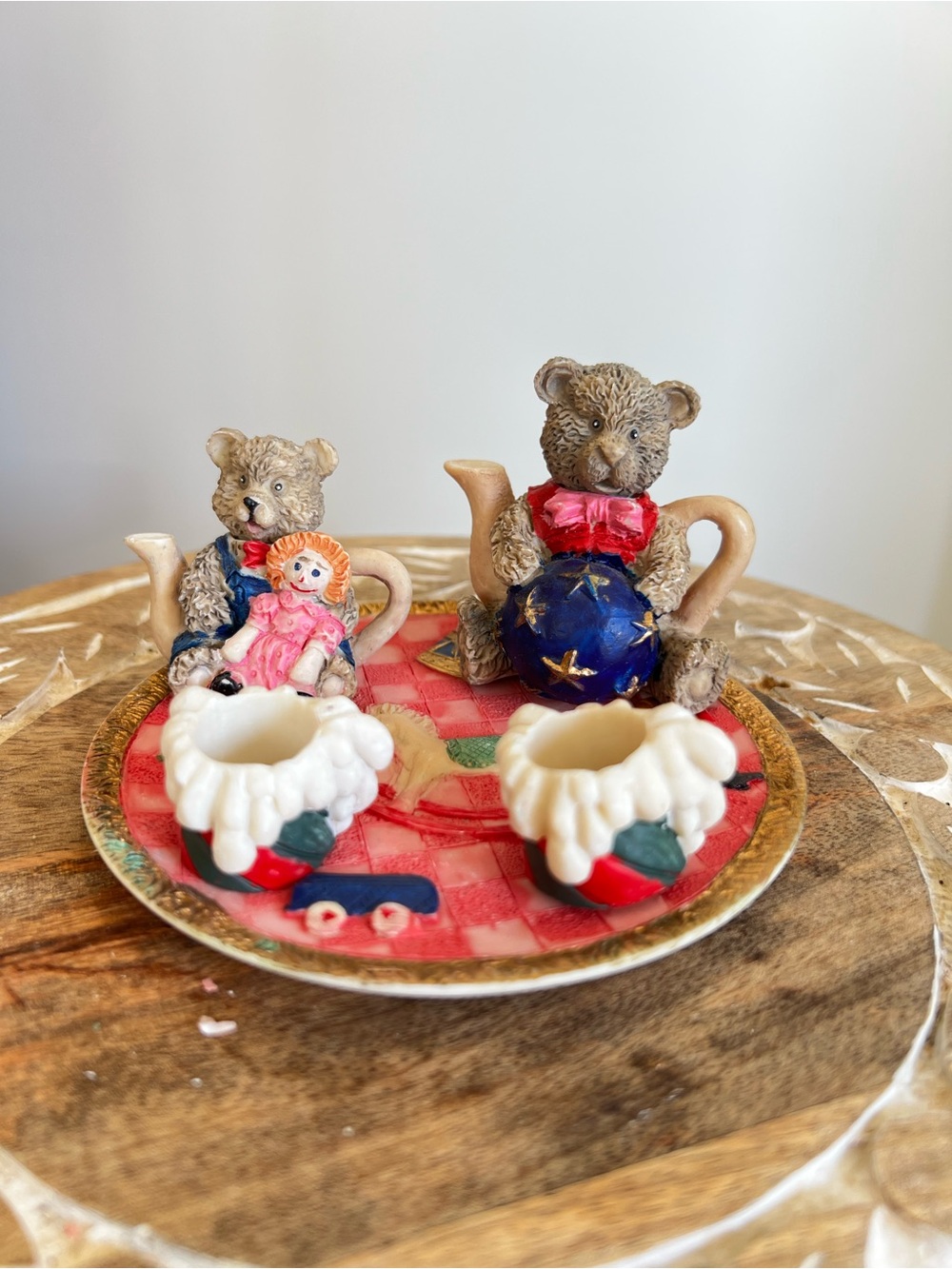 Bear Pair Ceramic Tea Set in Red, Blue and Cream